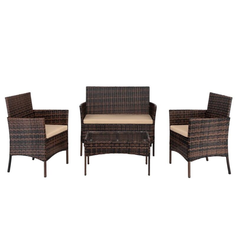 Ktaxon 4PCs Outdoor Wicker Conversation Set, Patio Furniture Set Loveseat Tempered Glass Coffee Table Outdoor All Weather Rattan Sofa Set, Brown Gradient - Image 10