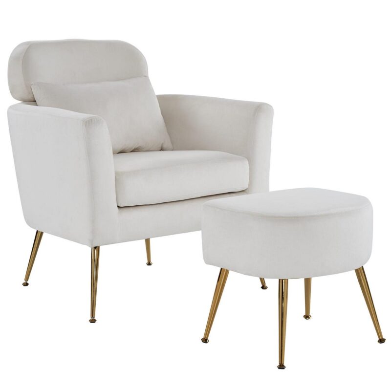 Ktaxon Accent Chair with Ottoman Set, Flannel Upholstered Single Sofa with Lumber Pillow Armchair with Armrests and Footrest for Bedroom Living Reading Room Office Beige - Image 3