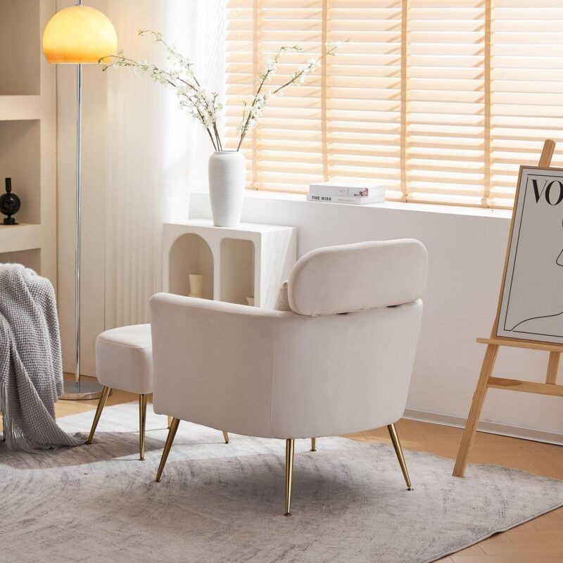 Ktaxon Accent Chair with Ottoman Set, Flannel Upholstered Single Sofa with Lumber Pillow Armchair with Armrests and Footrest for Bedroom Living Reading Room Office Beige - Image 15