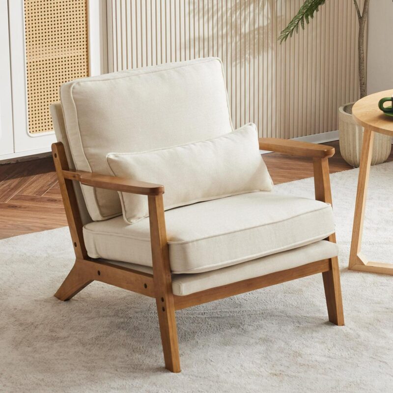 Ktaxon Accent Chair Line Fabric Upholstered Armchair, Reading Club Chair with Pillow for Living Room Bedroom Furniture Beige - Image 7