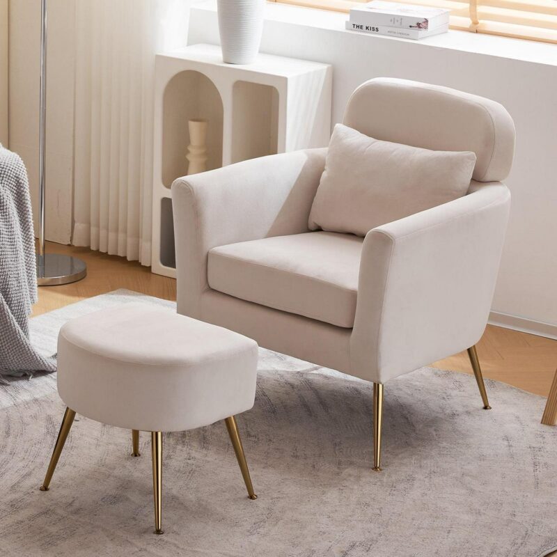 Ktaxon Accent Chair with Ottoman Set, Flannel Upholstered Single Sofa with Lumber Pillow Armchair with Armrests and Footrest for Bedroom Living Reading Room Office Beige
