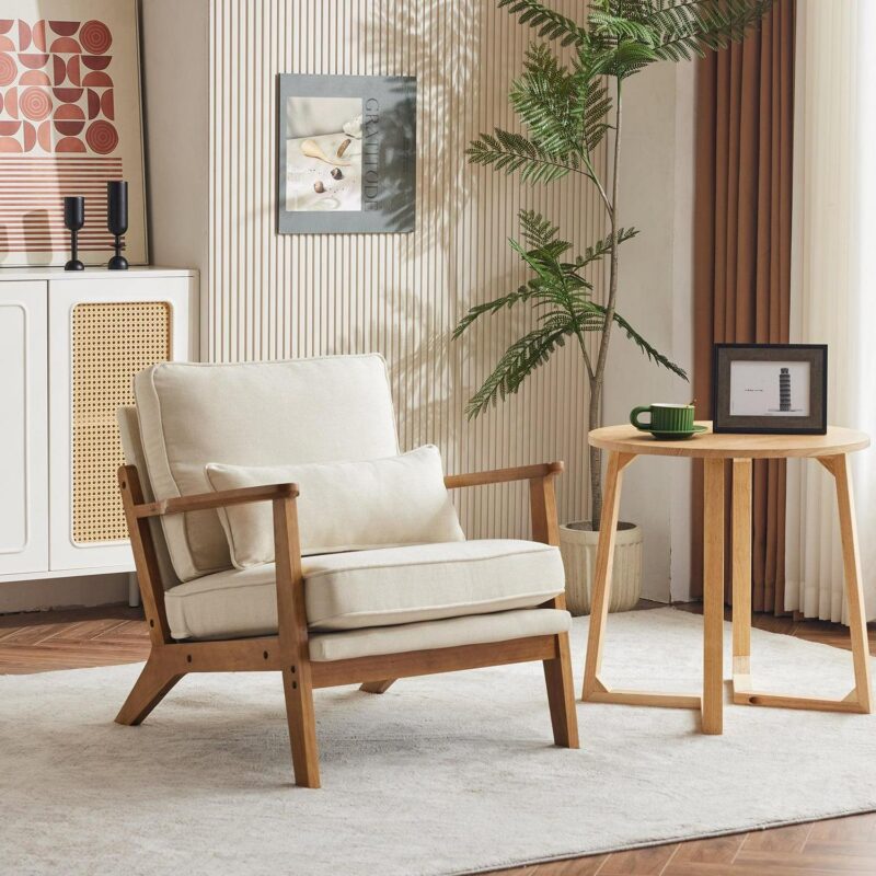 Ktaxon Accent Chair Line Fabric Upholstered Armchair, Reading Club Chair with Pillow for Living Room Bedroom Furniture Beige - Image 6