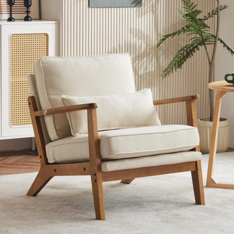 Ktaxon Accent Chair Line Fabric Upholstered Armchair, Reading Club Chair with Pillow for Living Room Bedroom Furniture Beige