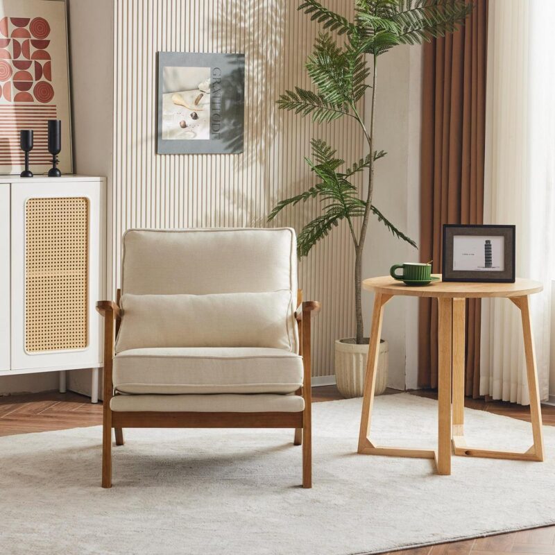Ktaxon Accent Chair Line Fabric Upholstered Armchair, Reading Club Chair with Pillow for Living Room Bedroom Furniture Beige - Image 5