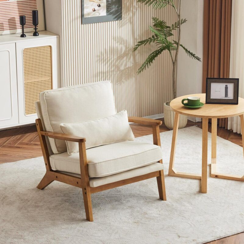 Ktaxon Accent Chair Line Fabric Upholstered Armchair, Reading Club Chair with Pillow for Living Room Bedroom Furniture Beige - Image 4