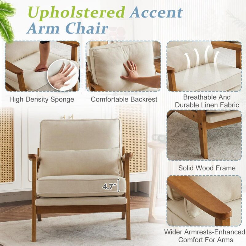 Ktaxon Accent Chair Line Fabric Upholstered Armchair, Reading Club Chair with Pillow for Living Room Bedroom Furniture Beige - Image 3