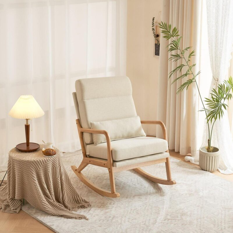 Ktaxon Mid Century Rocking Nursery Chair Solid Wood Frame Accent Chair, Line fabric Upholstered Glider Rocker Modern Padded Armchair with Lumbar Pillow Beige - Image 12