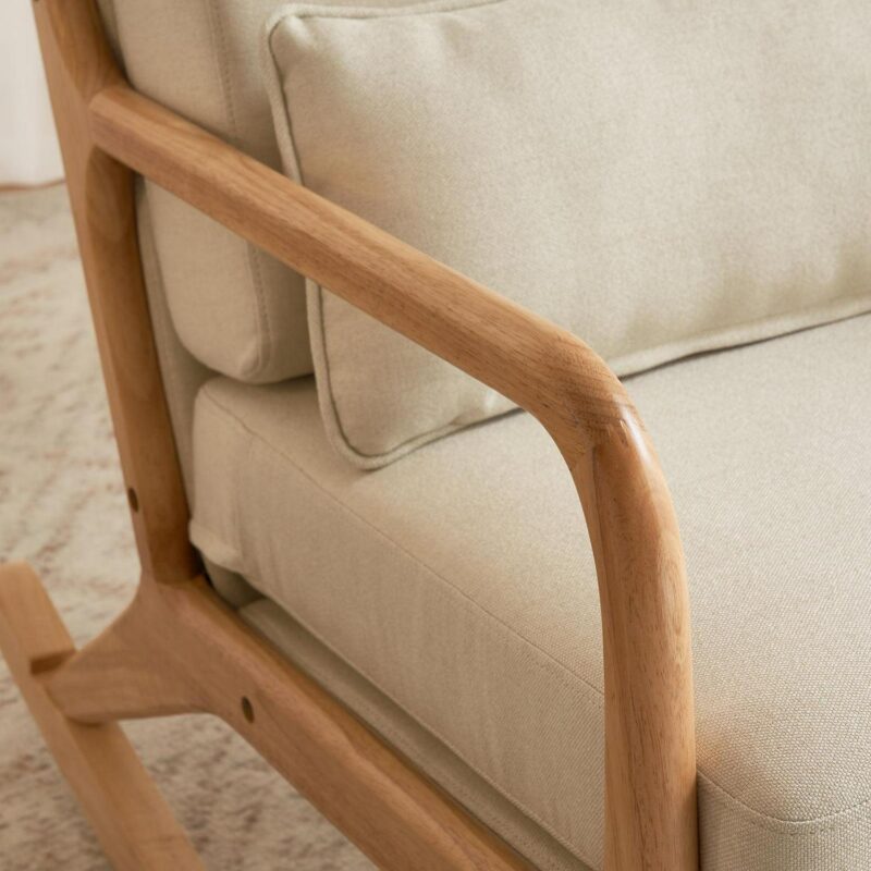 Ktaxon Mid Century Rocking Nursery Chair Solid Wood Frame Accent Chair, Line fabric Upholstered Glider Rocker Modern Padded Armchair with Lumbar Pillow Beige - Image 6