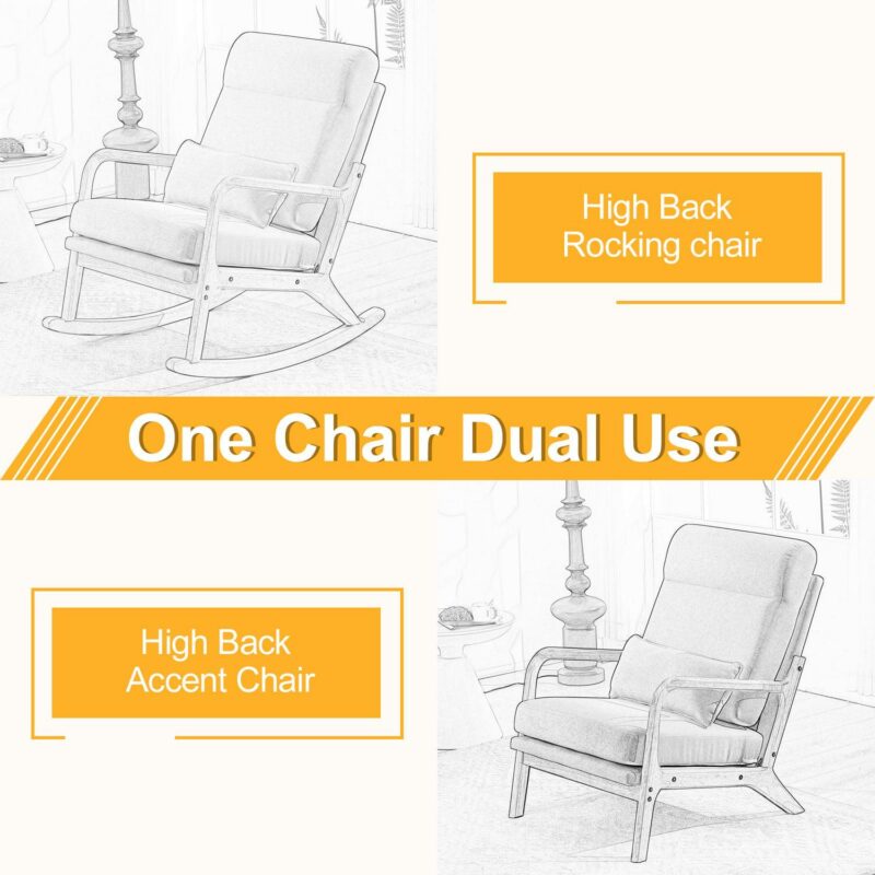 Ktaxon Mid Century Rocking Nursery Chair Solid Wood Frame Accent Chair, Line fabric Upholstered Glider Rocker Modern Padded Armchair with Lumbar Pillow Beige - Image 2