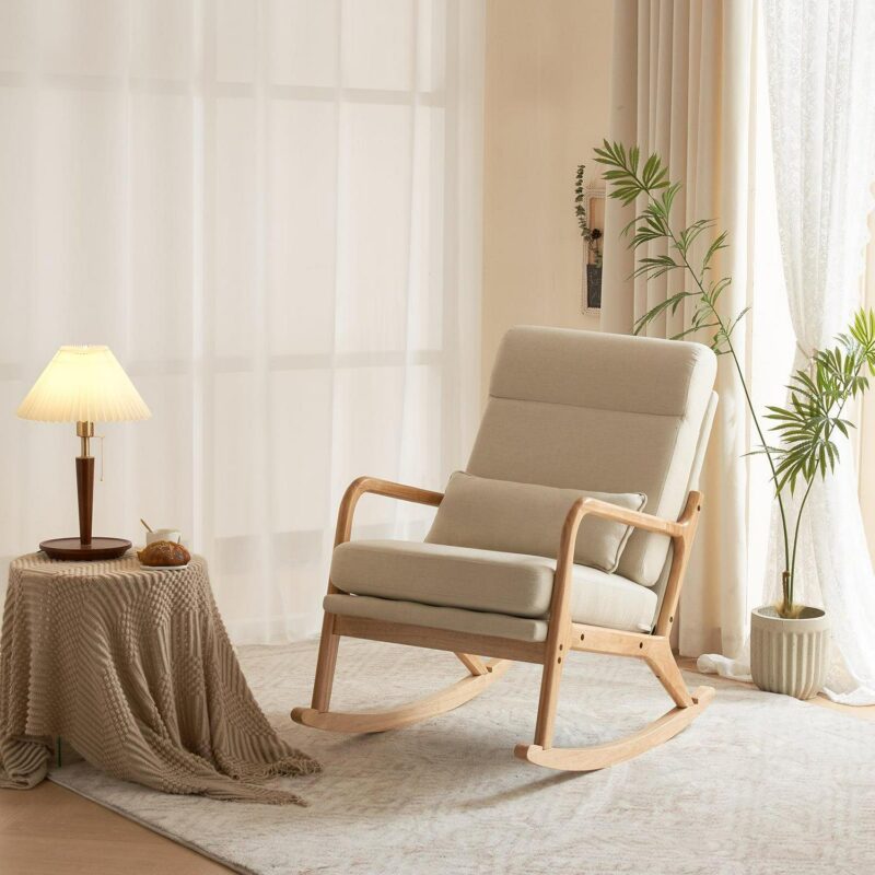 Ktaxon Mid Century Rocking Nursery Chair Solid Wood Frame Accent Chair, Line fabric Upholstered Glider Rocker Modern Padded Armchair with Lumbar Pillow Beige - Image 11