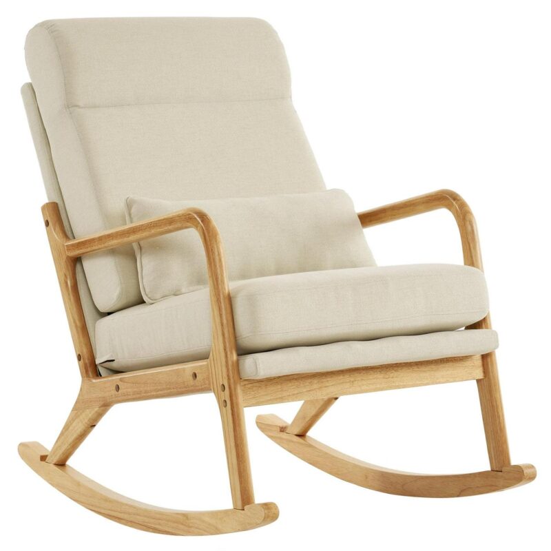 Ktaxon Mid Century Rocking Nursery Chair Solid Wood Frame Accent Chair, Line fabric Upholstered Glider Rocker Modern Padded Armchair with Lumbar Pillow Beige - Image 9