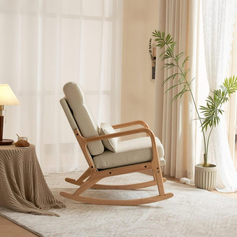Ktaxon Mid Century Rocking Nursery Chair Solid Wood Frame Accent Chair, Line fabric Upholstered Glider Rocker Modern Padded Armchair with Lumbar Pillow Beige - Image 8