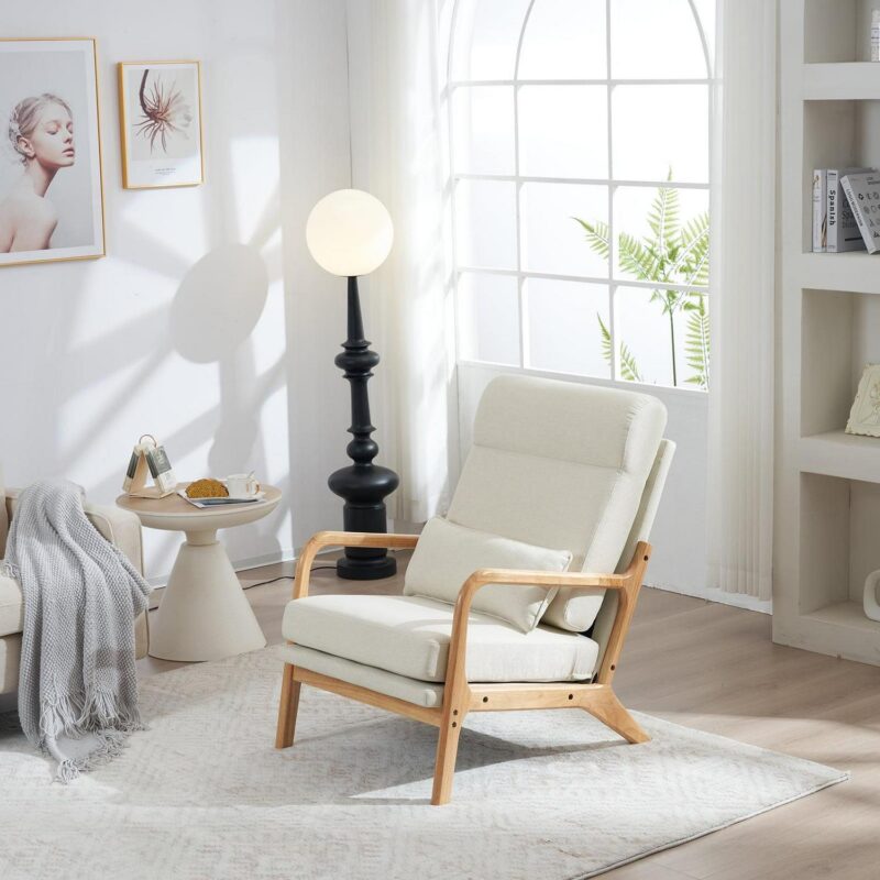 Ktaxon Mid Century Rocking Nursery Chair Solid Wood Frame Accent Chair, Line fabric Upholstered Glider Rocker Modern Padded Armchair with Lumbar Pillow Beige - Image 10