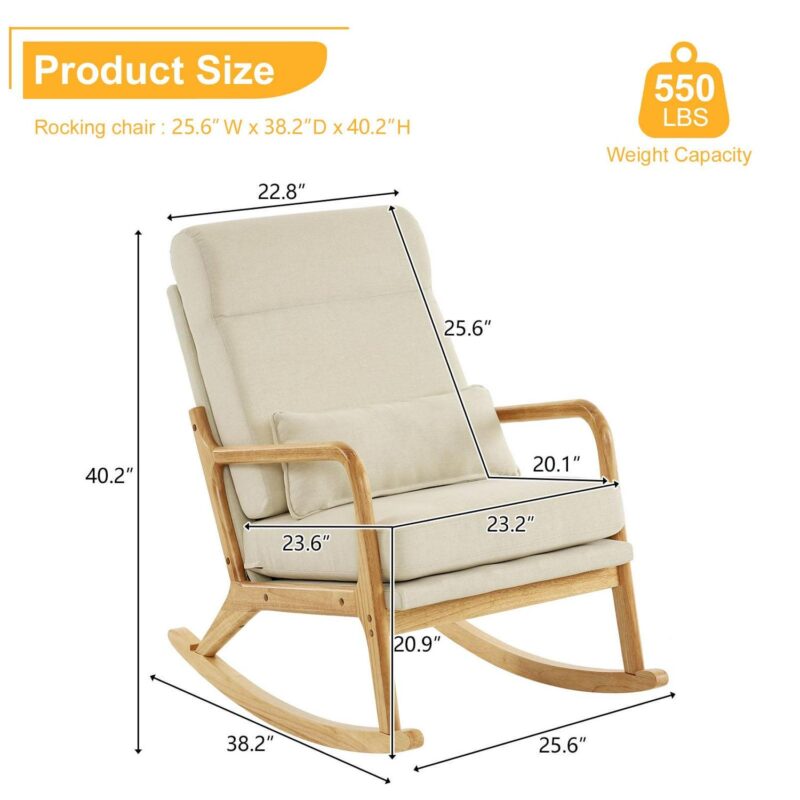 Ktaxon Mid Century Rocking Nursery Chair Solid Wood Frame Accent Chair, Line fabric Upholstered Glider Rocker Modern Padded Armchair with Lumbar Pillow Beige - Image 3