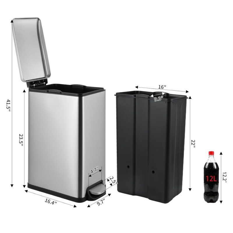 LAZY BUDDY 13.2 Gallon Slim Kitchen Trash Can Stainless Steel Bathroom Garbage Can with Lid Inner Bucket Silver - Image 2