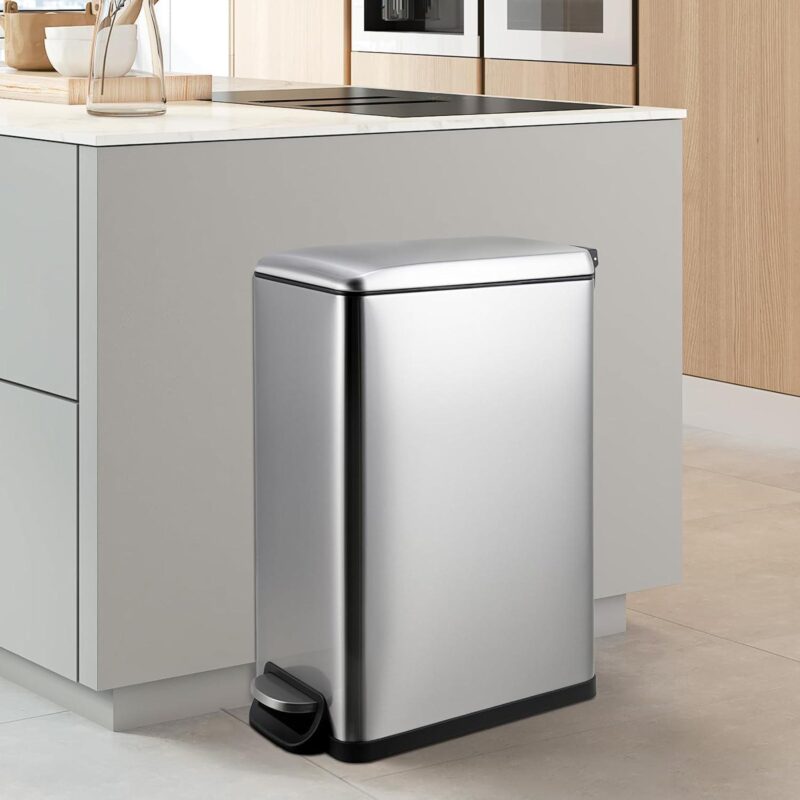 LAZY BUDDY 13.2 Gallon Slim Kitchen Trash Can Stainless Steel Bathroom Garbage Can with Lid Inner Bucket Silver