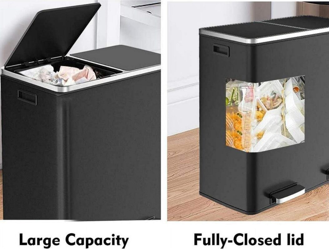 LAZY BUDDY Dual Garbage Can, Stainless Steel 16 Gallon Step Can W/ Foot Pedal, Double Compartment Garbage Recycling Bin - Image 10