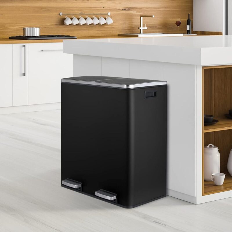 LAZY BUDDY Dual Garbage Can, Stainless Steel 16 Gallon Step Can W/ Foot Pedal, Double Compartment Garbage Recycling Bin - Image 7