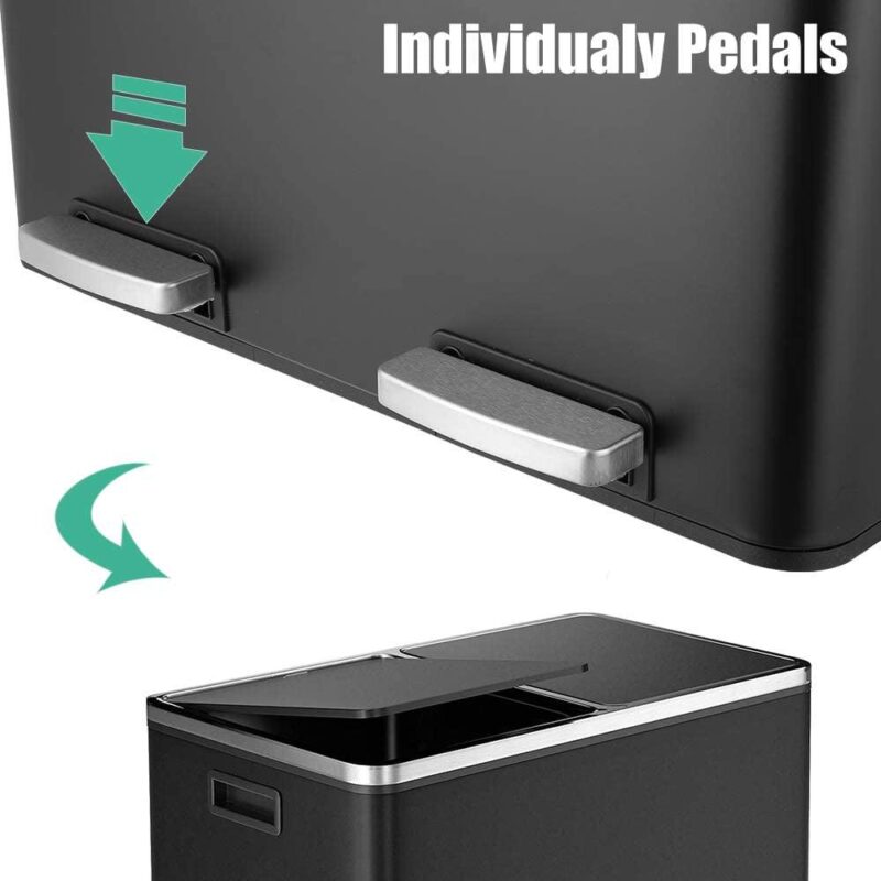 LAZY BUDDY Dual Garbage Can, Stainless Steel 16 Gallon Step Can W/ Foot Pedal, Double Compartment Garbage Recycling Bin - Image 5