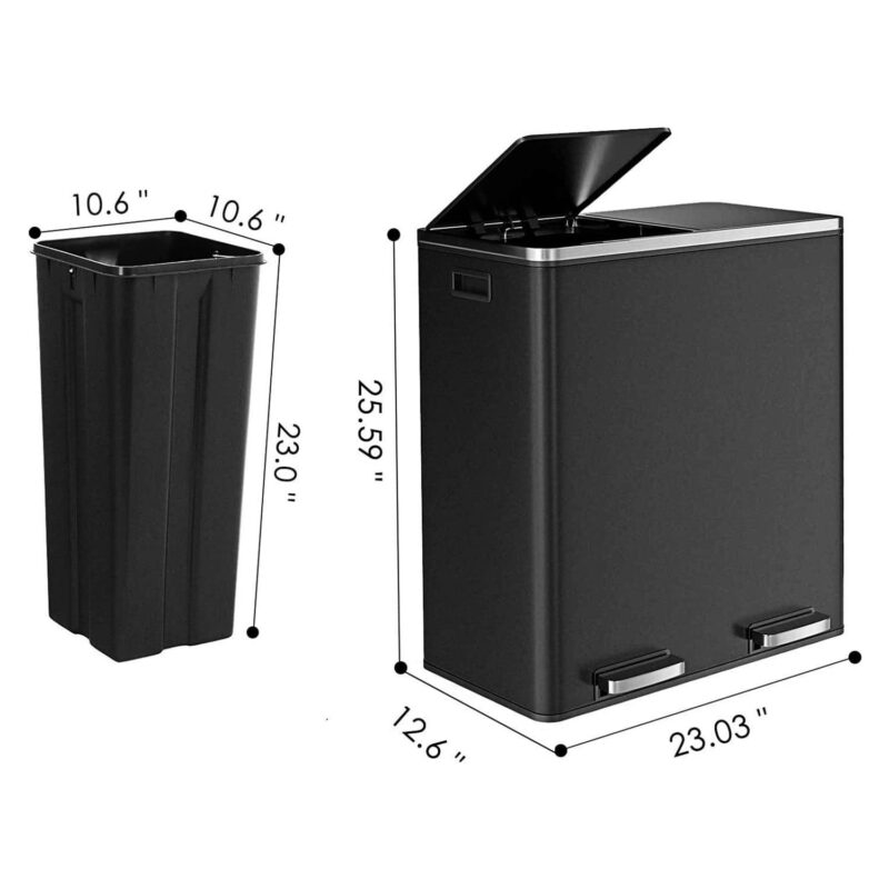 LAZY BUDDY Dual Garbage Can, Stainless Steel 16 Gallon Step Can W/ Foot Pedal, Double Compartment Garbage Recycling Bin - Image 4