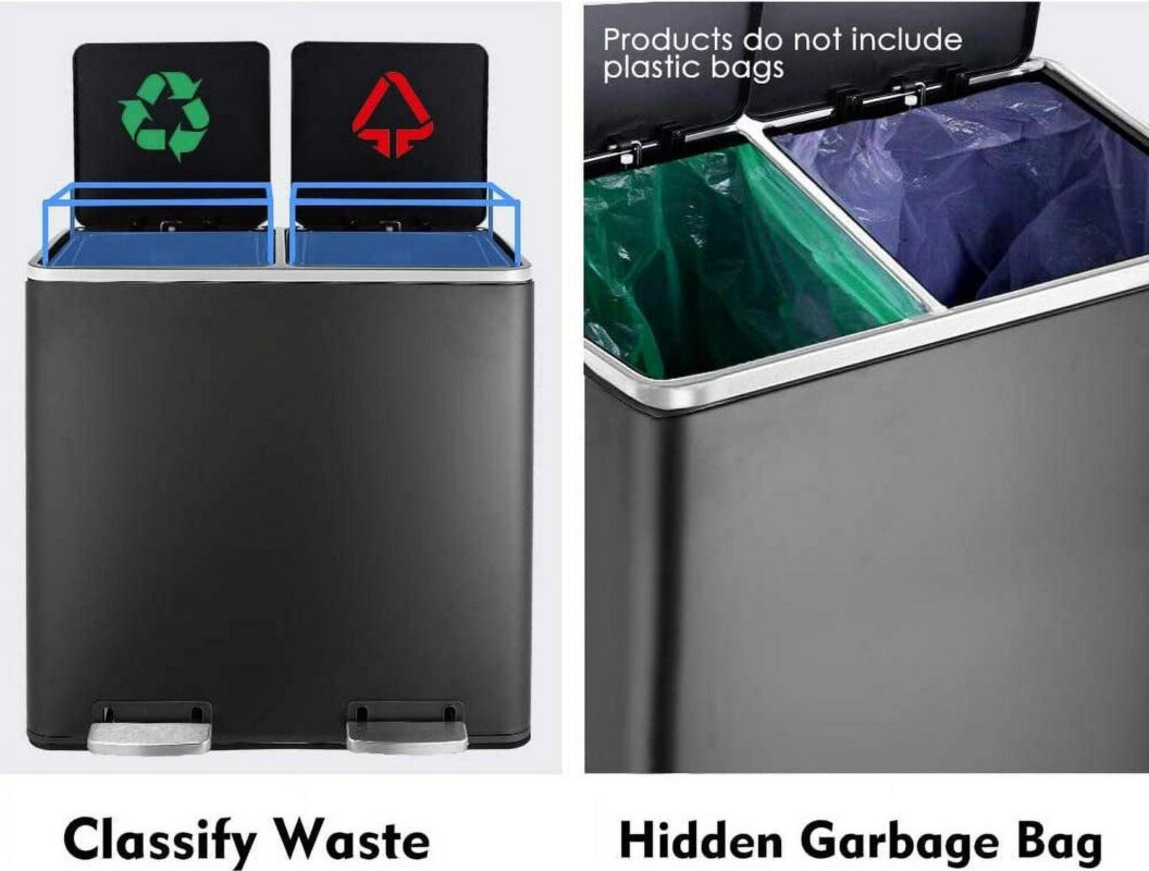 LAZY BUDDY Dual Garbage Can, Stainless Steel 16 Gallon Step Can W/ Foot Pedal, Double Compartment Garbage Recycling Bin - Image 6