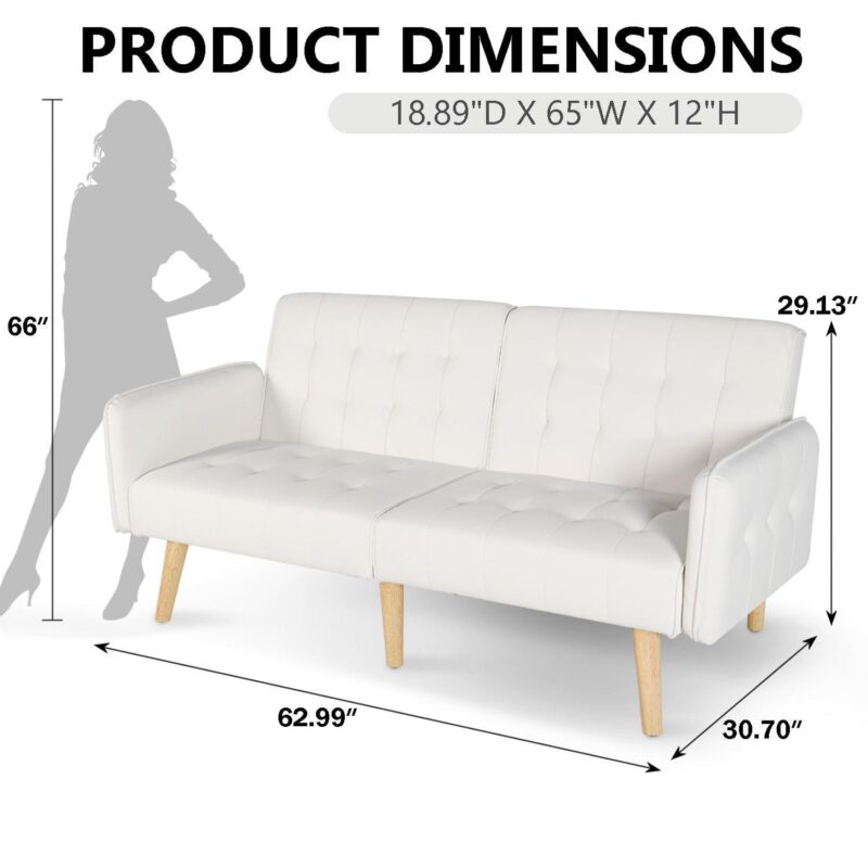 LAZZO Modern Faux Leather Upholstered Convertible USB Folding Futon Sofa Bed for Apartments, Office, White - Image 2