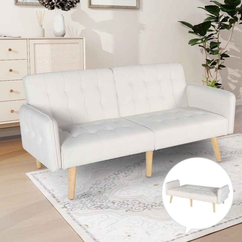 LAZZO Modern Faux Leather Upholstered Convertible USB Folding Futon Sofa Bed for Apartments, Office, White - Image 5