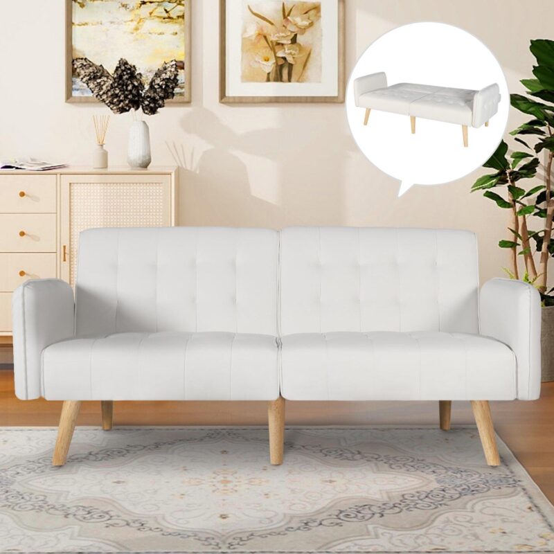 LAZZO Modern Faux Leather Upholstered Convertible USB Folding Futon Sofa Bed for Apartments, Office, White