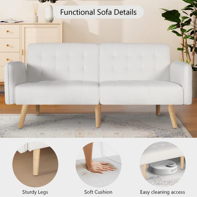 LAZZO Modern Faux Leather Upholstered Convertible USB Folding Futon Sofa Bed for Apartments, Office, White - Image 3