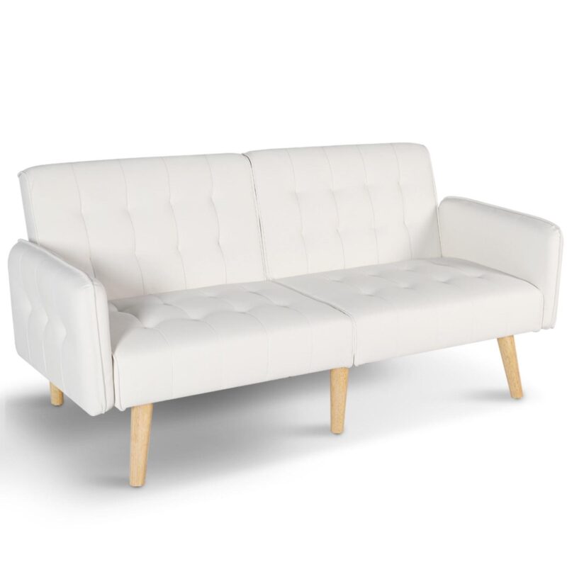 LAZZO Modern Faux Leather Upholstered Convertible USB Folding Futon Sofa Bed for Apartments, Office, White - Image 4