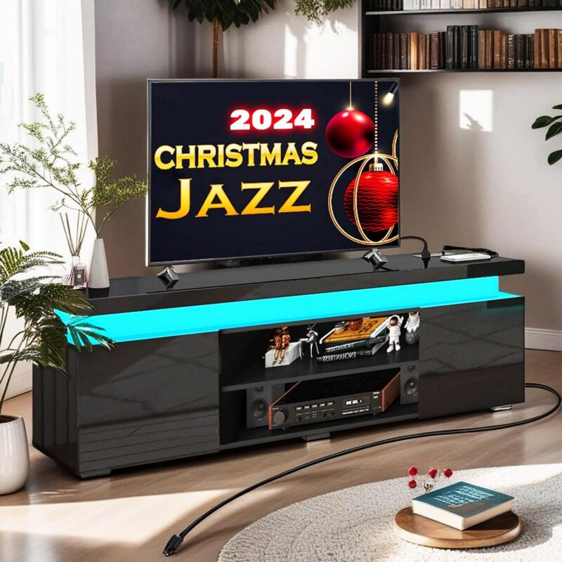 LED TV Stand for up to 85  TVs with Power Outlet, 75  Large Entertainment Center Console Table Gaming Soundbar Shelf with 2 Storage Cabinets(High Gloss Black-75 ) - Image 8