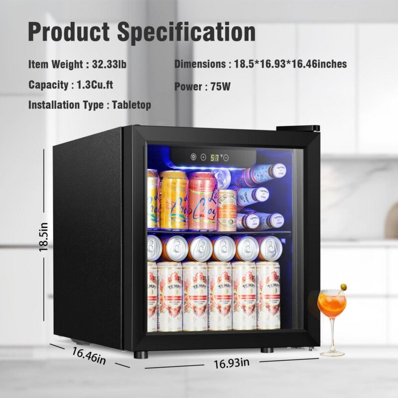 LHRIVER 1.3 Cu.ft Beverage Refrigerator Cooler, Mini Fridge with Glass Door for Soda Beer or Wine - Image 4