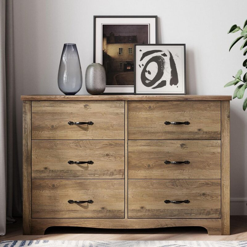 LINSY HOME Brown Double Dressers,Chest of 6 Drawers