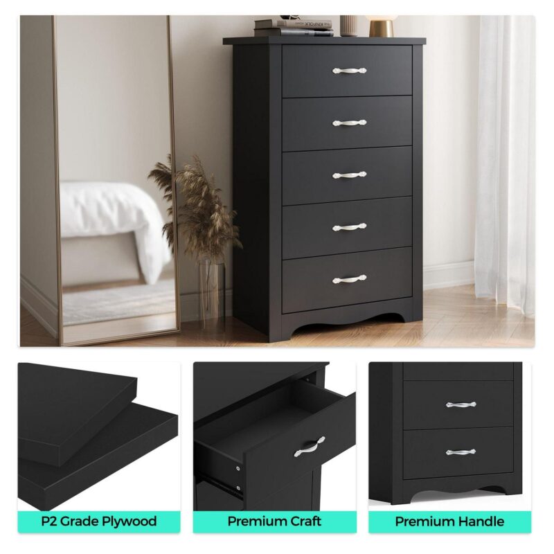 LINSY HOME Dressers for Bedroom, 5 Drawers Chest, Nursery Dresser Organizer, Tall Dresser Chest of Drawers - Black - Image 5