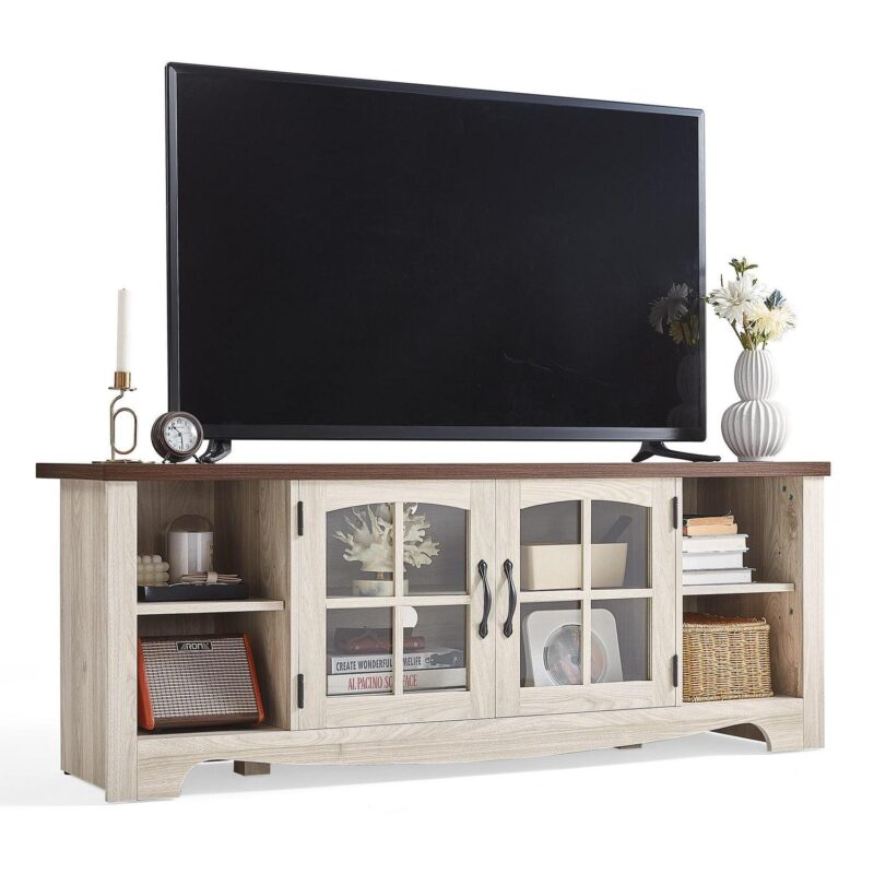 LINSY HOME Modern Farmhouse TV Stand for TVs up to 65 ,Home Entertainment Center with Storage Cabinet and Adjustable Shelves,Washed Grey and Brown - Image 9