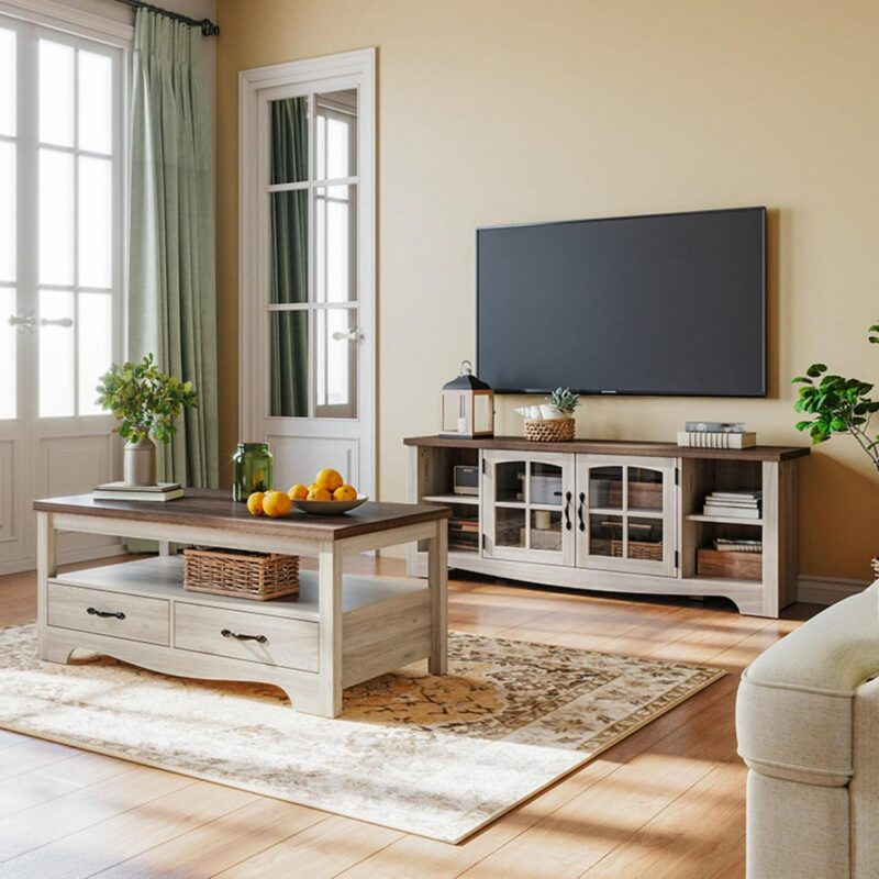 LINSY HOME Modern Farmhouse TV Stand for TVs up to 65 ,Home Entertainment Center with Storage Cabinet and Adjustable Shelves,Washed Grey and Brown - Image 6