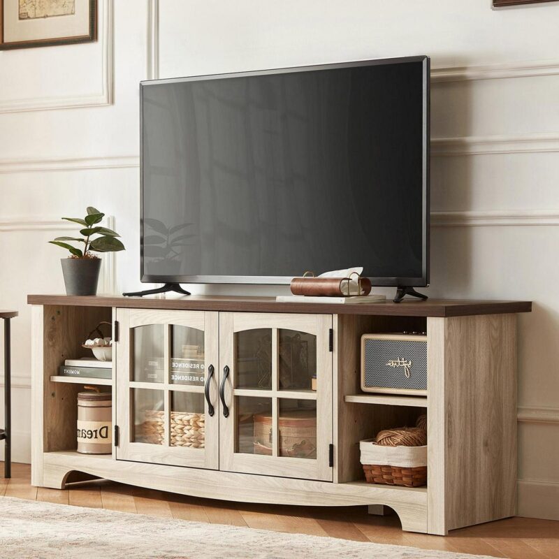 LINSY HOME Modern Farmhouse TV Stand for TVs up to 65 ,Home Entertainment Center with Storage Cabinet and Adjustable Shelves,Washed Grey and Brown