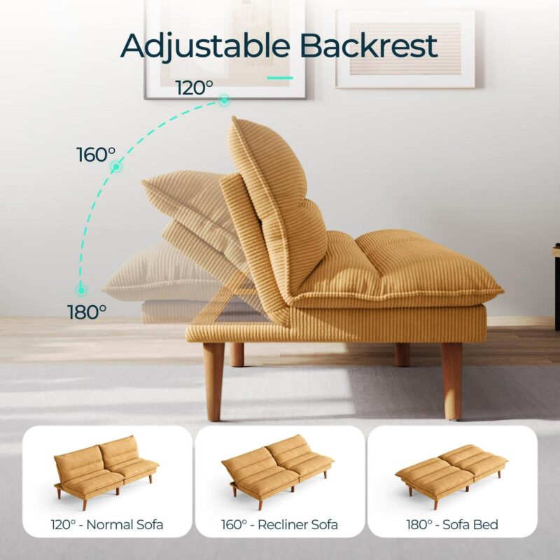 Linsy Home 71  W Corduroy Convertible Futon Sofa Bed, Yellow - Image 4