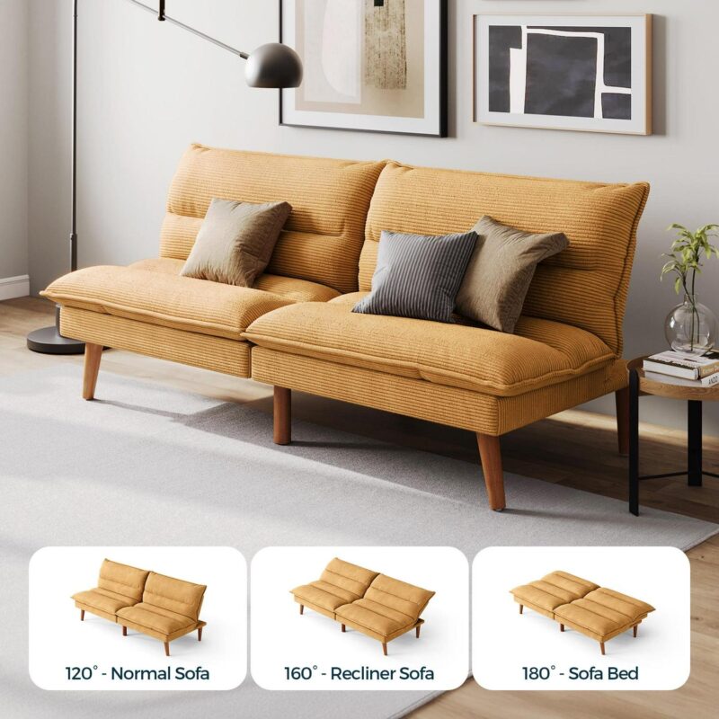 Linsy Home 71  W Corduroy Convertible Futon Sofa Bed, Yellow