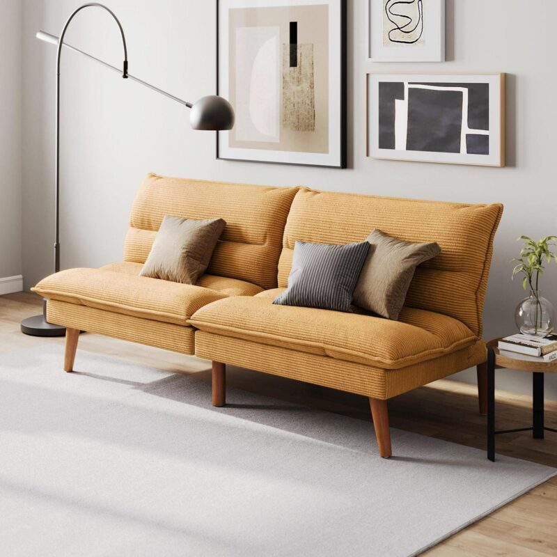 Linsy Home 71  W Corduroy Convertible Futon Sofa Bed, Yellow - Image 7