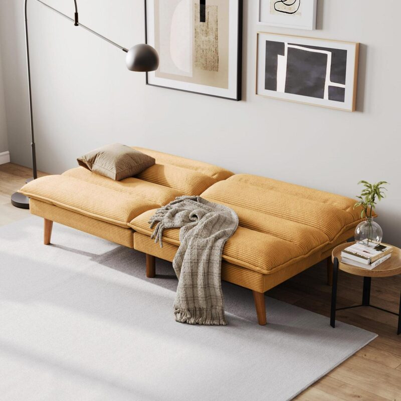 Linsy Home 71  W Corduroy Convertible Futon Sofa Bed, Yellow - Image 8