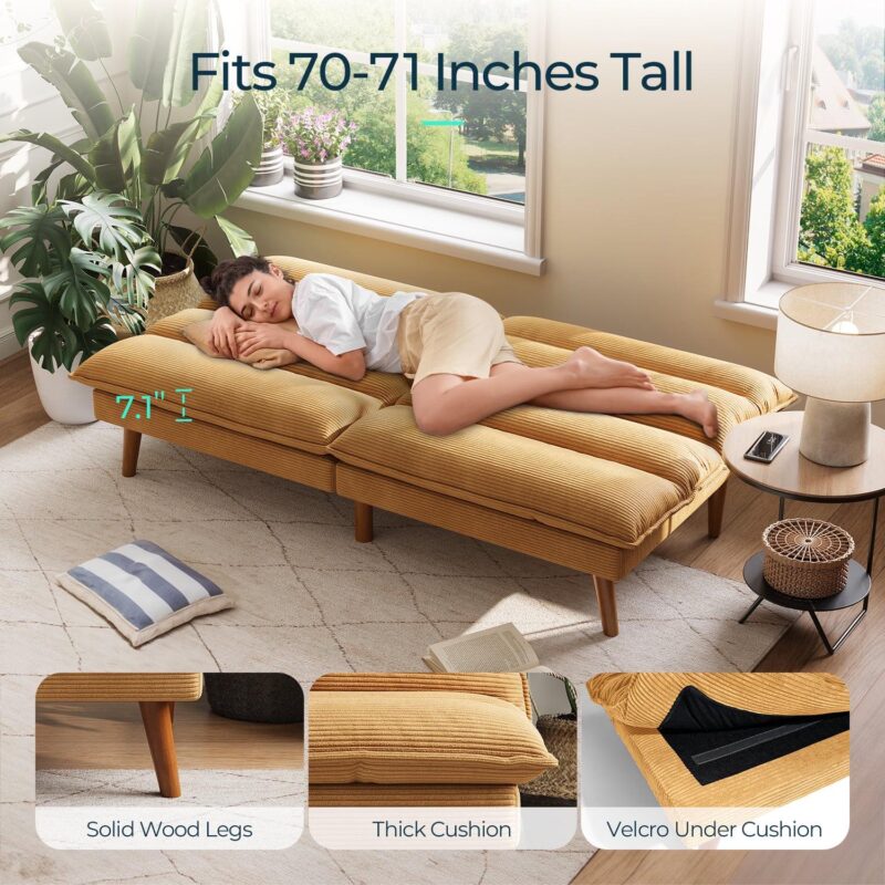 Linsy Home 71  W Corduroy Convertible Futon Sofa Bed, Yellow - Image 3