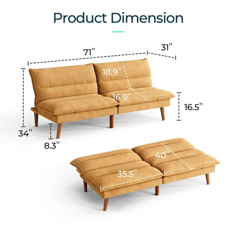 Linsy Home 71  W Corduroy Convertible Futon Sofa Bed, Yellow - Image 2