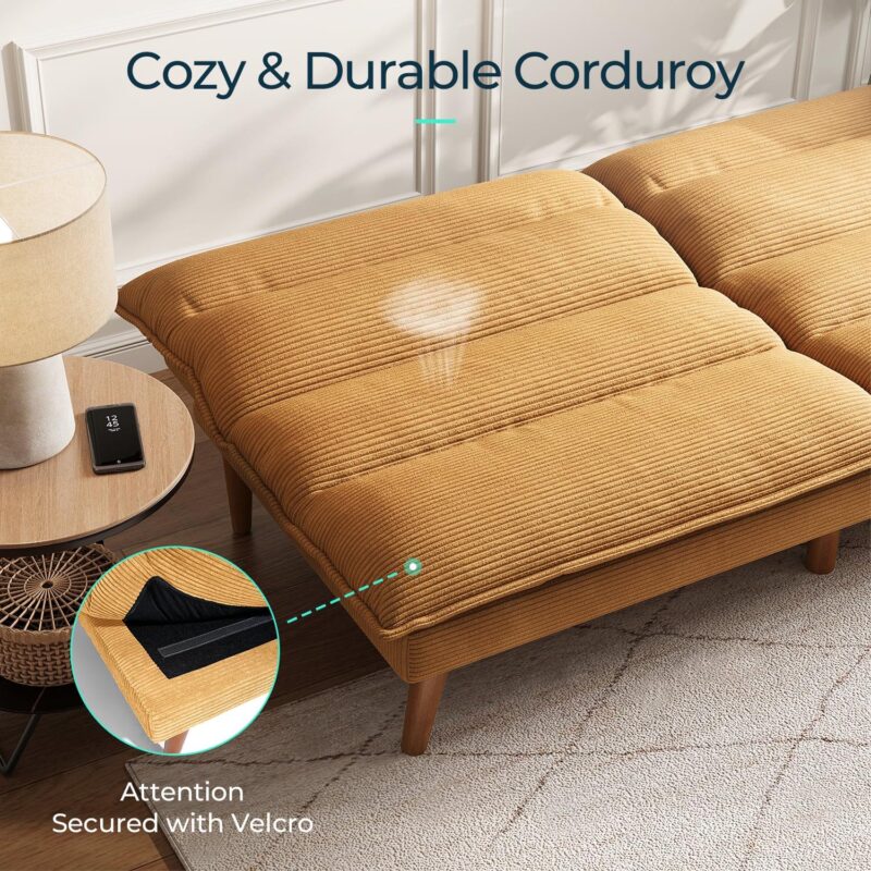 Linsy Home 71  W Corduroy Convertible Futon Sofa Bed, Yellow - Image 6