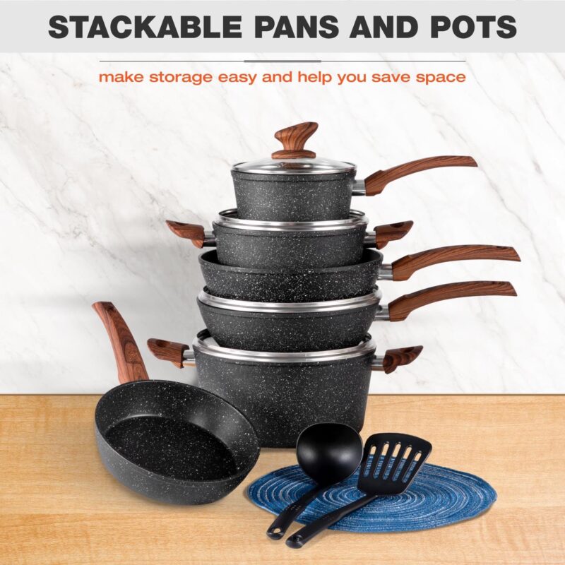 MF Studio 12 Pieces Cookware Set Granite Nonstick Pots and Pans Dishwasher Safe, Black - Image 8