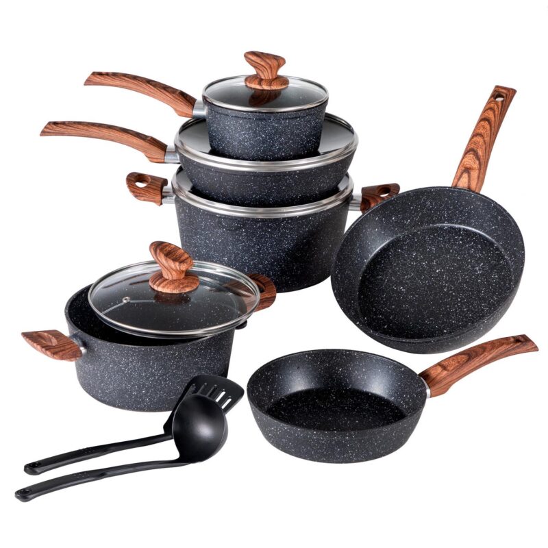 MF Studio 12 Pieces Cookware Set Granite Nonstick Pots and Pans Dishwasher Safe, Black