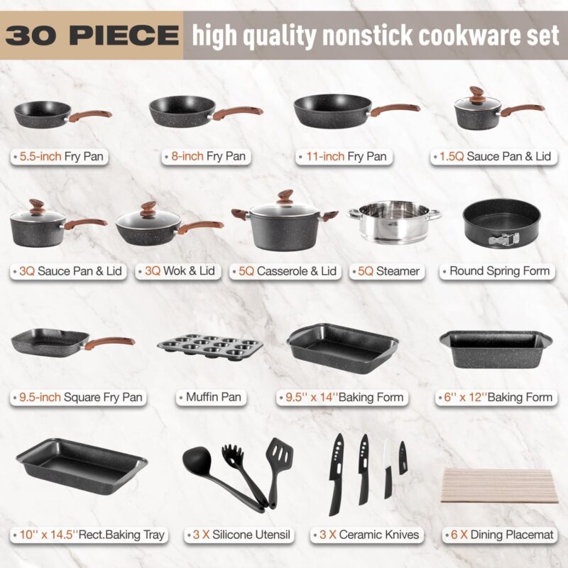 MF Studio 30 Pieces Cookware and Bakeware Set Granite Nonstick Pots and Pans, Black - Image 9