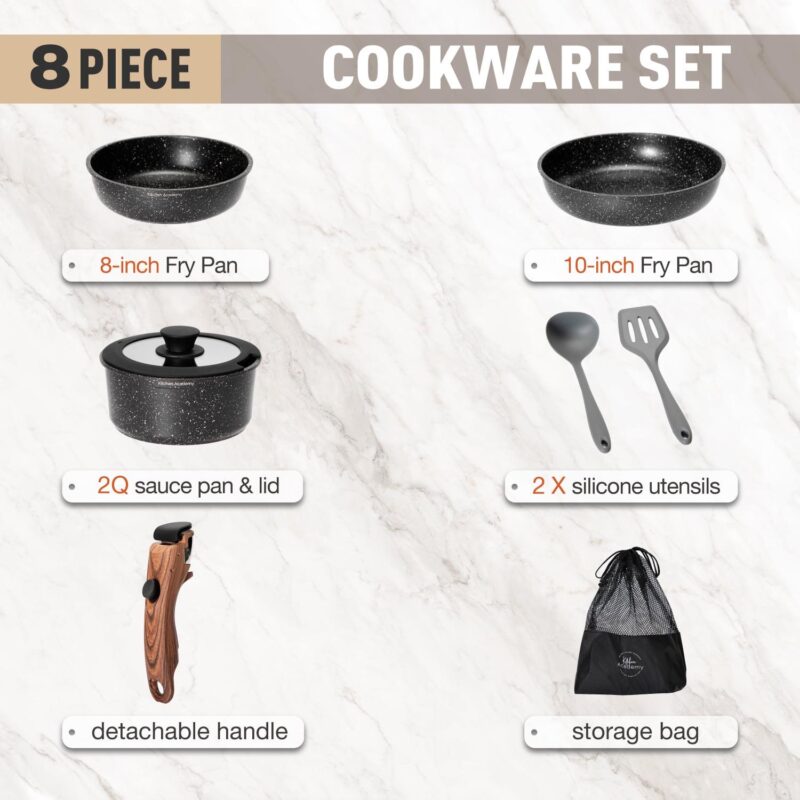 MF Studio 8 Pieces Cookware Set Granite Nonstick Pots and Pans with Removable Handle Black - Image 9