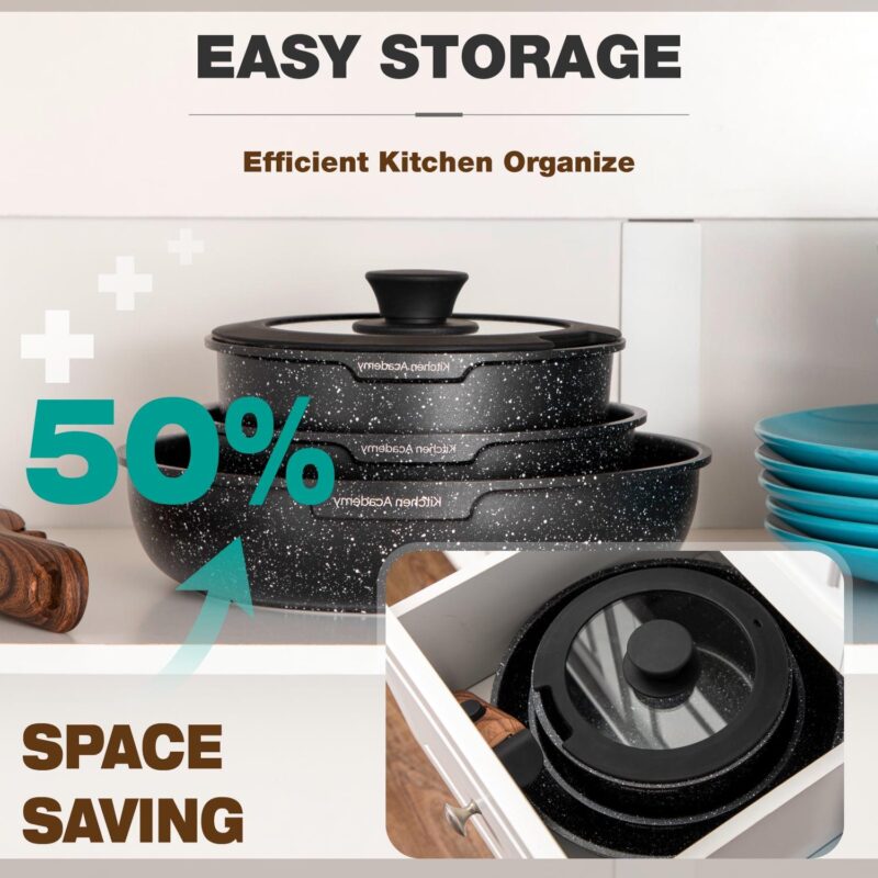 MF Studio 8 Pieces Cookware Set Granite Nonstick Pots and Pans with Removable Handle Black - Image 3