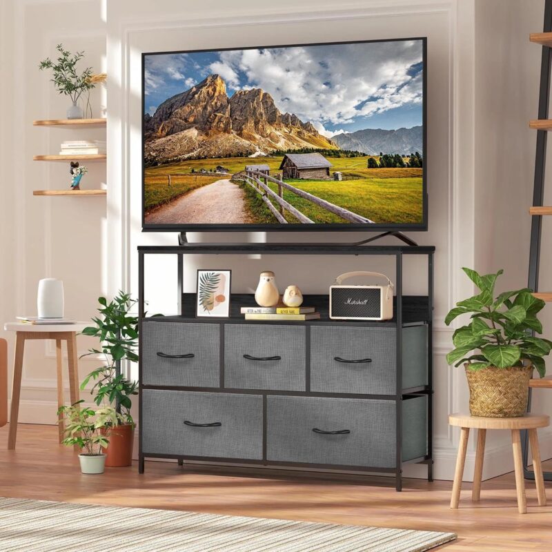 MONVANE 40 inches TV Stand for 45  TV, Dresser Drawers Entertainment Center with Shelves for Bedroom, Living Room,Grey - Image 5